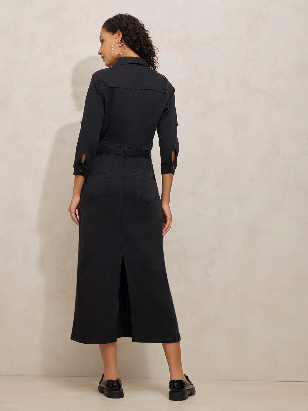 Women's Black Denim Shirt Style Midi Dress with Belt