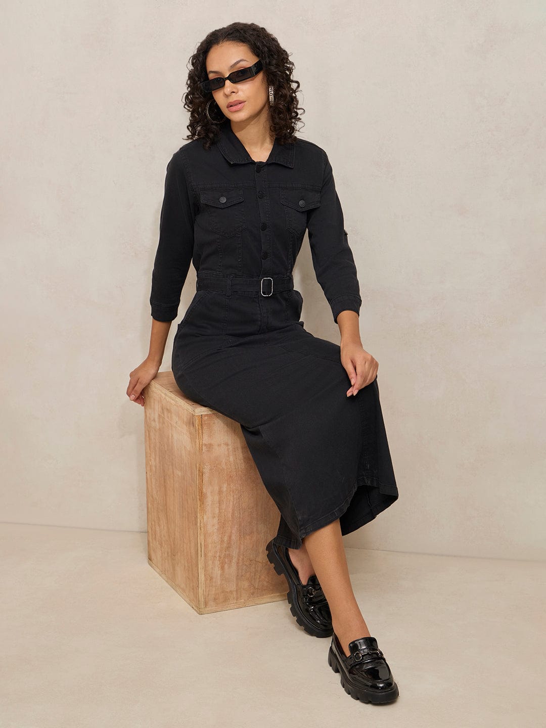 Women's Black Denim Shirt Style Midi Dress with Belt