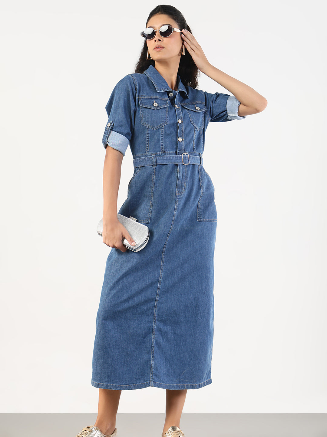 Women Solid Blue Denim A-Line Midi Dress with Belt