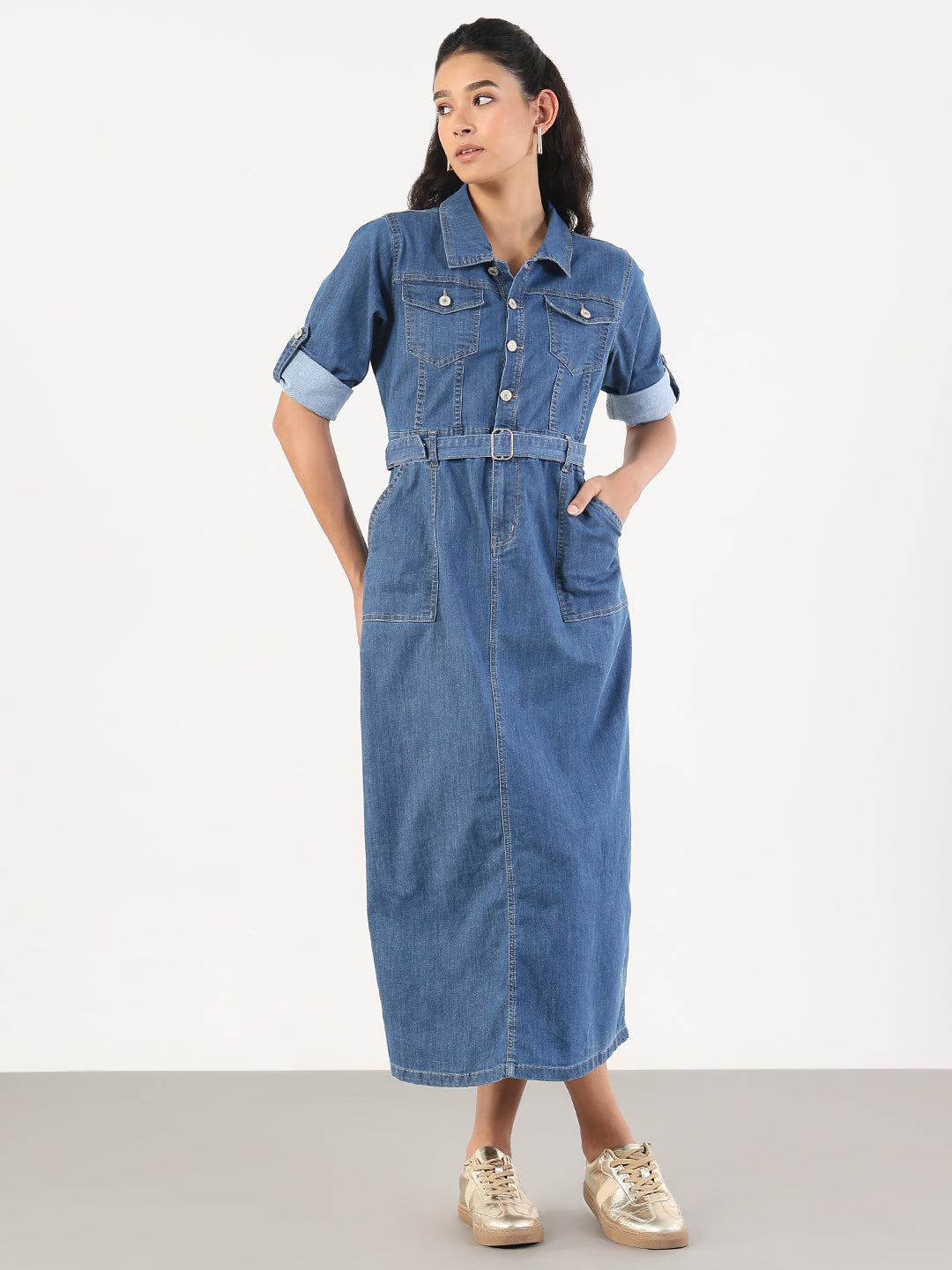 Women Solid Blue Denim A-Line Midi Dress with Belt