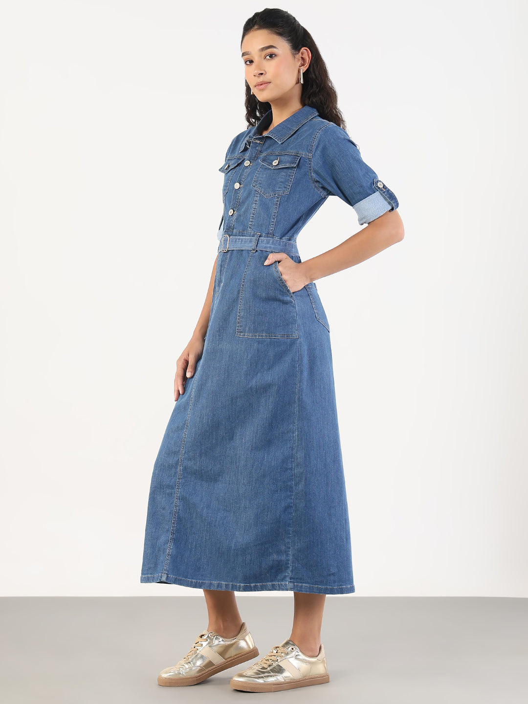 Women Solid Blue Denim A-Line Midi Dress with Belt