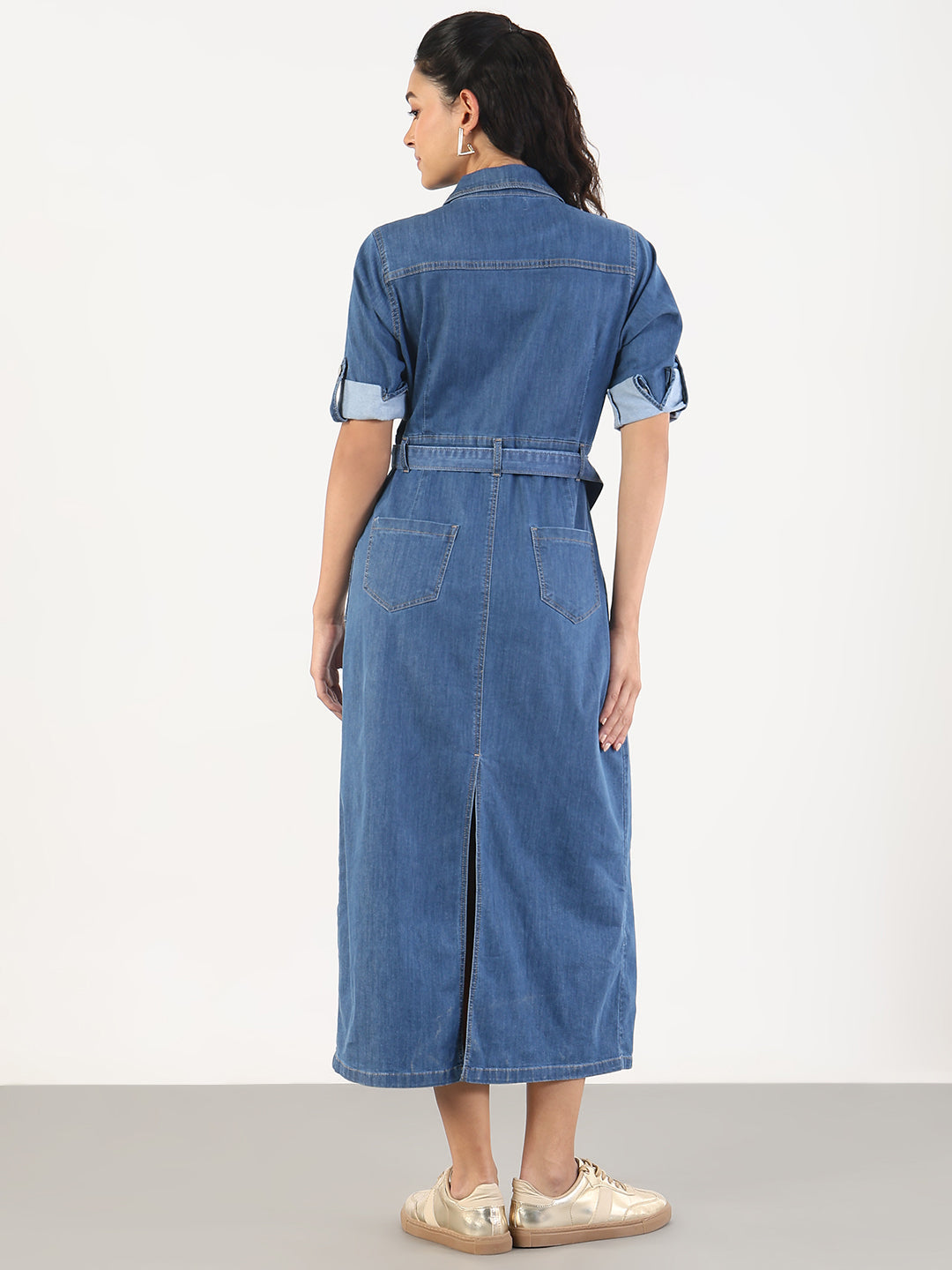 Women Solid Blue Denim A-Line Midi Dress with Belt