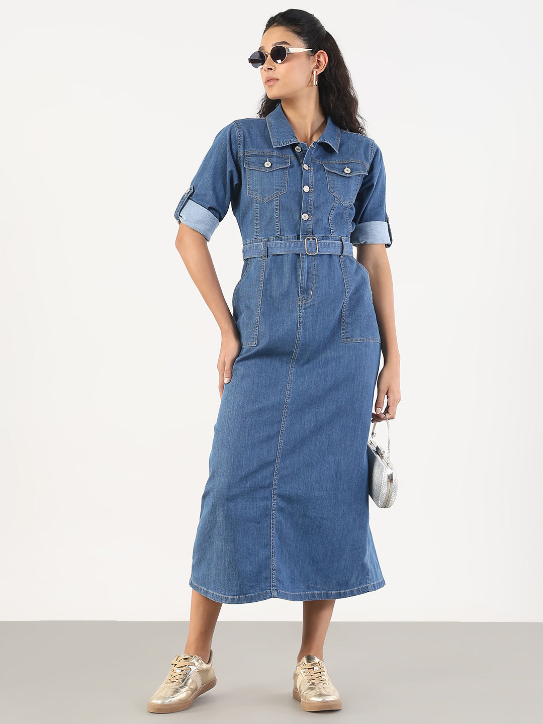 Women Solid Blue Denim A-Line Midi Dress with Belt