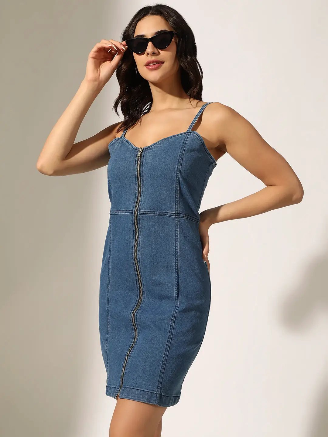 Shop Women's Blue Denim Zip-Front Bodycon Mini Dress| Showoffff Shop Women's Blue Denim Zip-Front Bodycon Mini Dress| Showoffff