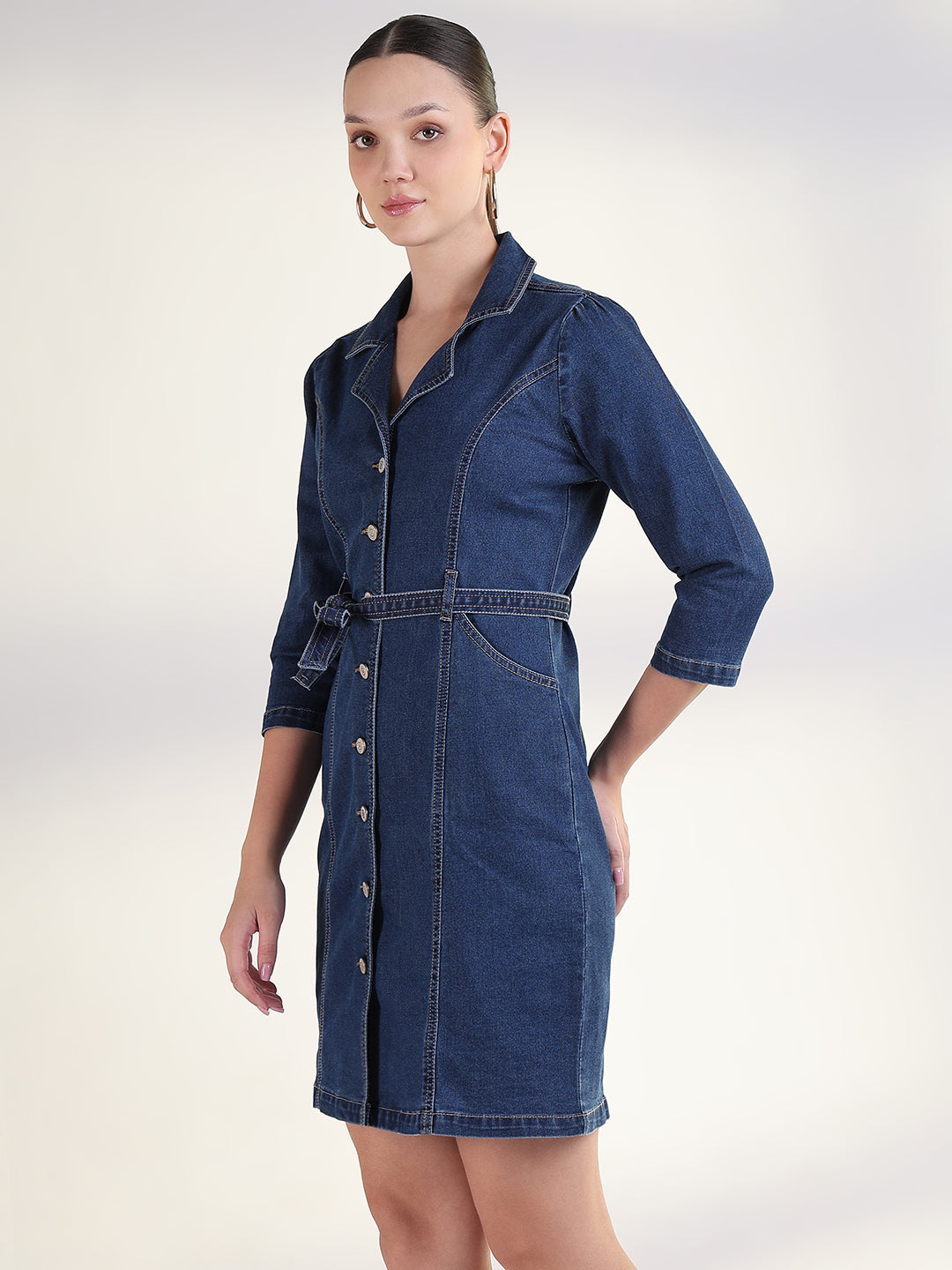 Women's Solid Navy Blue Shirt Above Knee Denim Dress with Fabric Belt