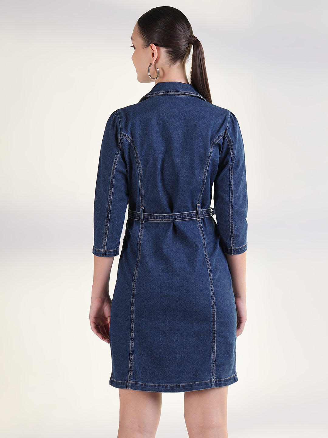 Women's Solid Navy Blue Shirt Above Knee Denim Dress with Fabric Belt