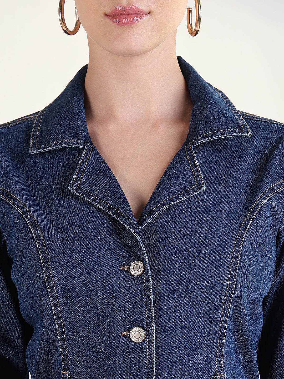 Women's Solid Navy Blue Shirt Above Knee Denim Dress with Fabric Belt