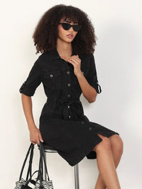Women's Solid Black Shirt Knee Length Denim Dress with Fabric Belt
