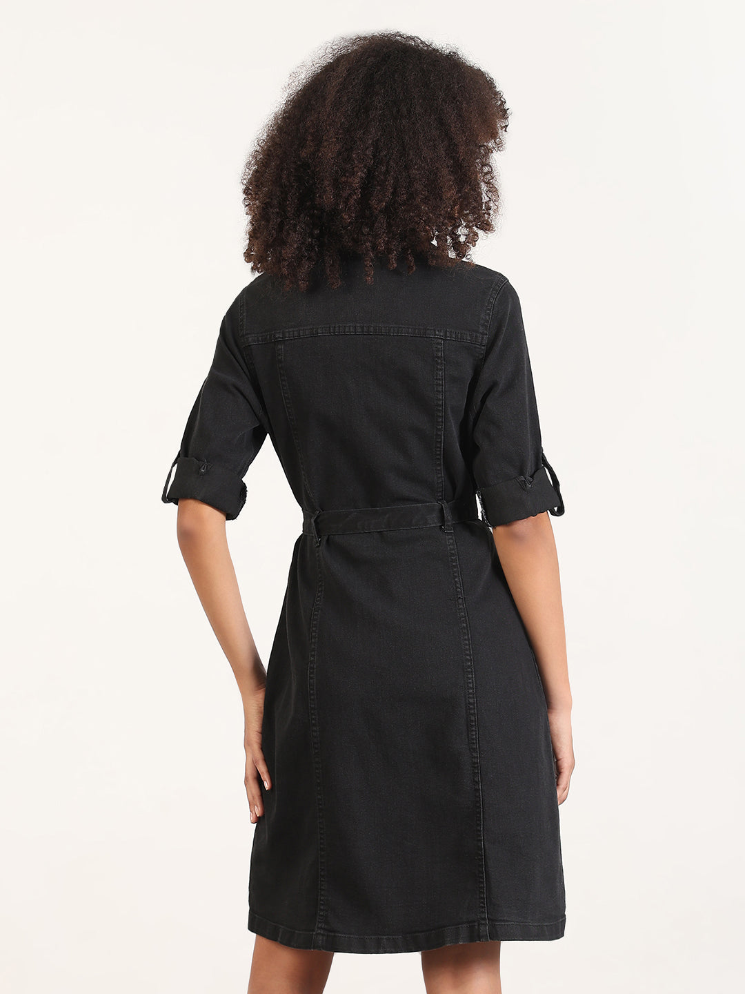 Women's Solid Black Shirt Knee Length Denim Dress with Fabric Belt