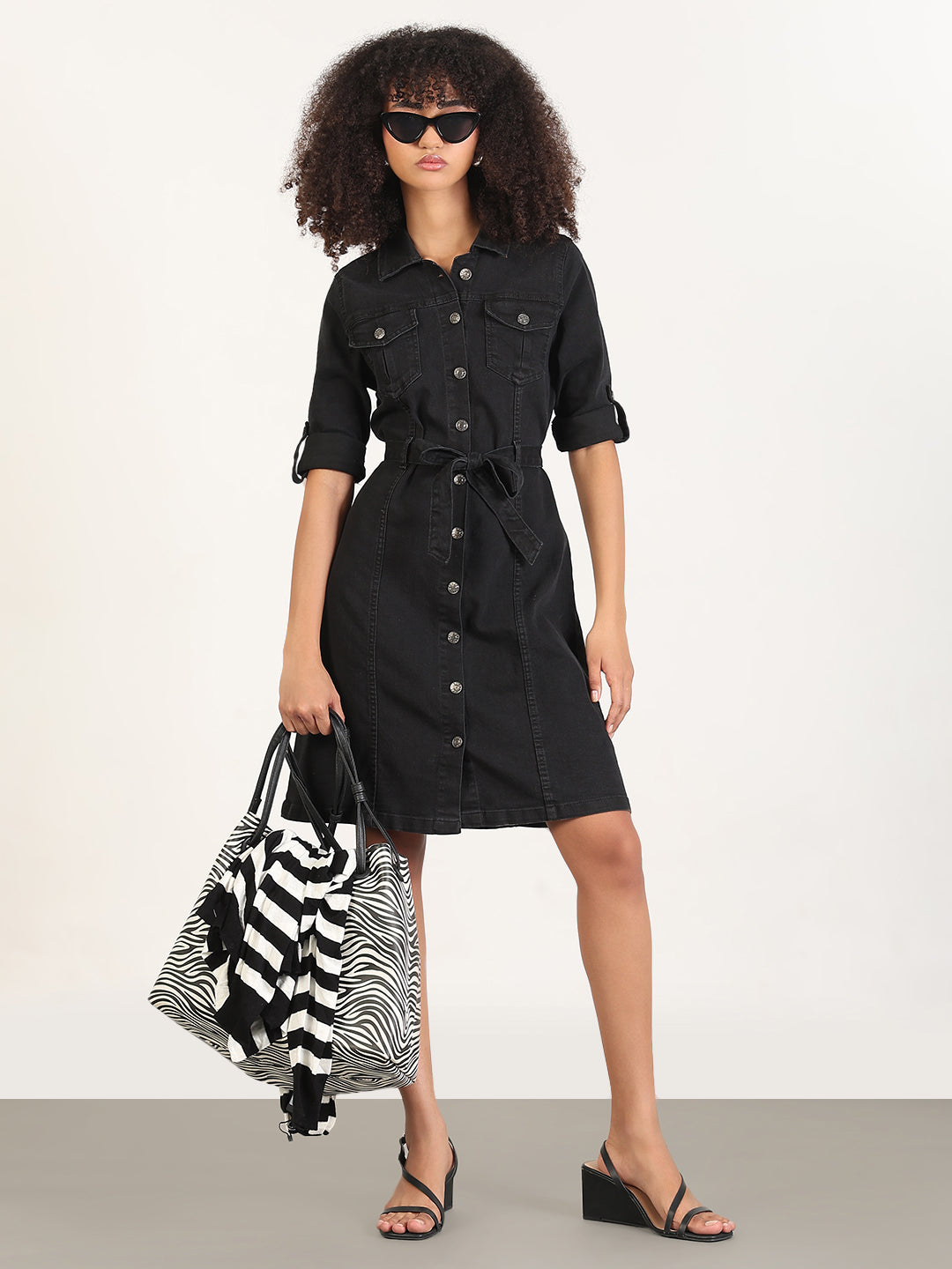 Women's Solid Black Shirt Knee Length Denim Dress with Fabric Belt