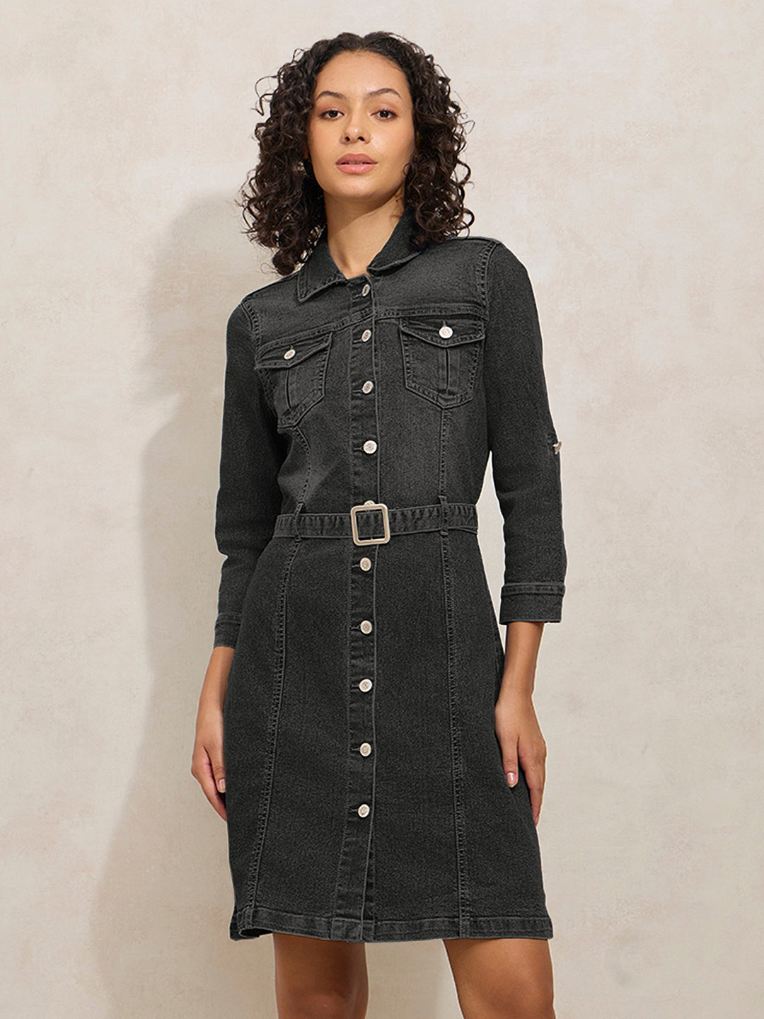 Women's Charcoal Denim Knee Length Shirt Dress with Belt