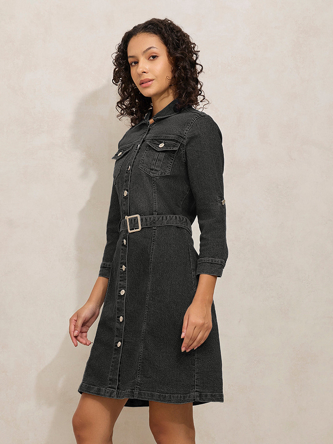 Women's Charcoal Denim Knee Length Shirt Dress with Belt