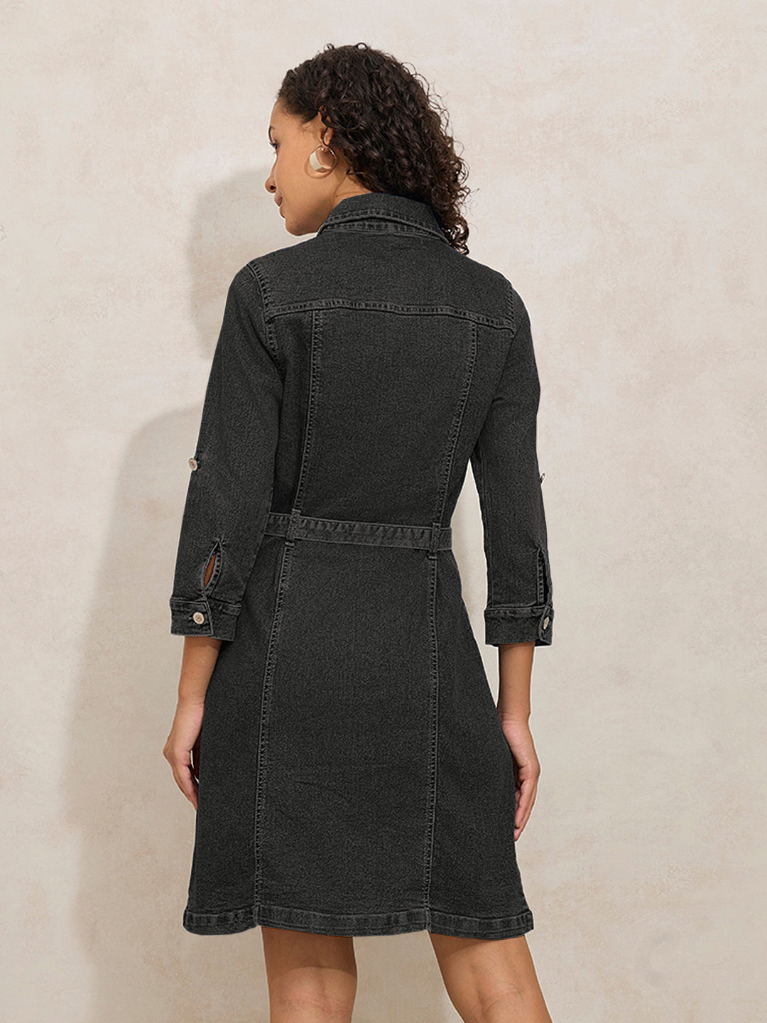 Women's Charcoal Denim Knee Length Shirt Dress with Belt