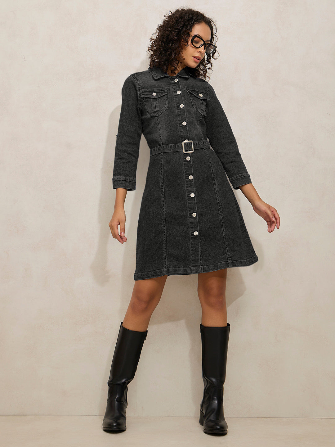 Women's Charcoal Denim Knee Length Shirt Dress with Belt
