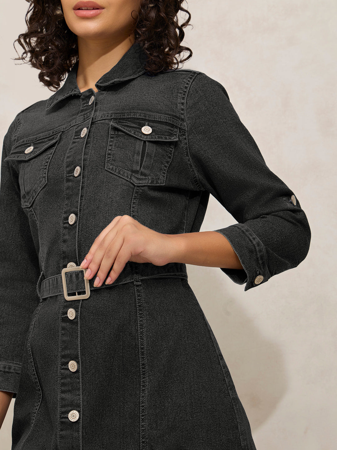 Women's Charcoal Denim Knee Length Shirt Dress with Belt