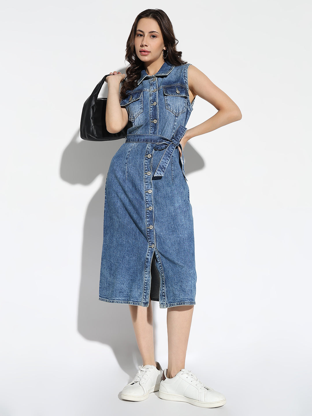 Women Solid Blue Shirt Dress with Belt