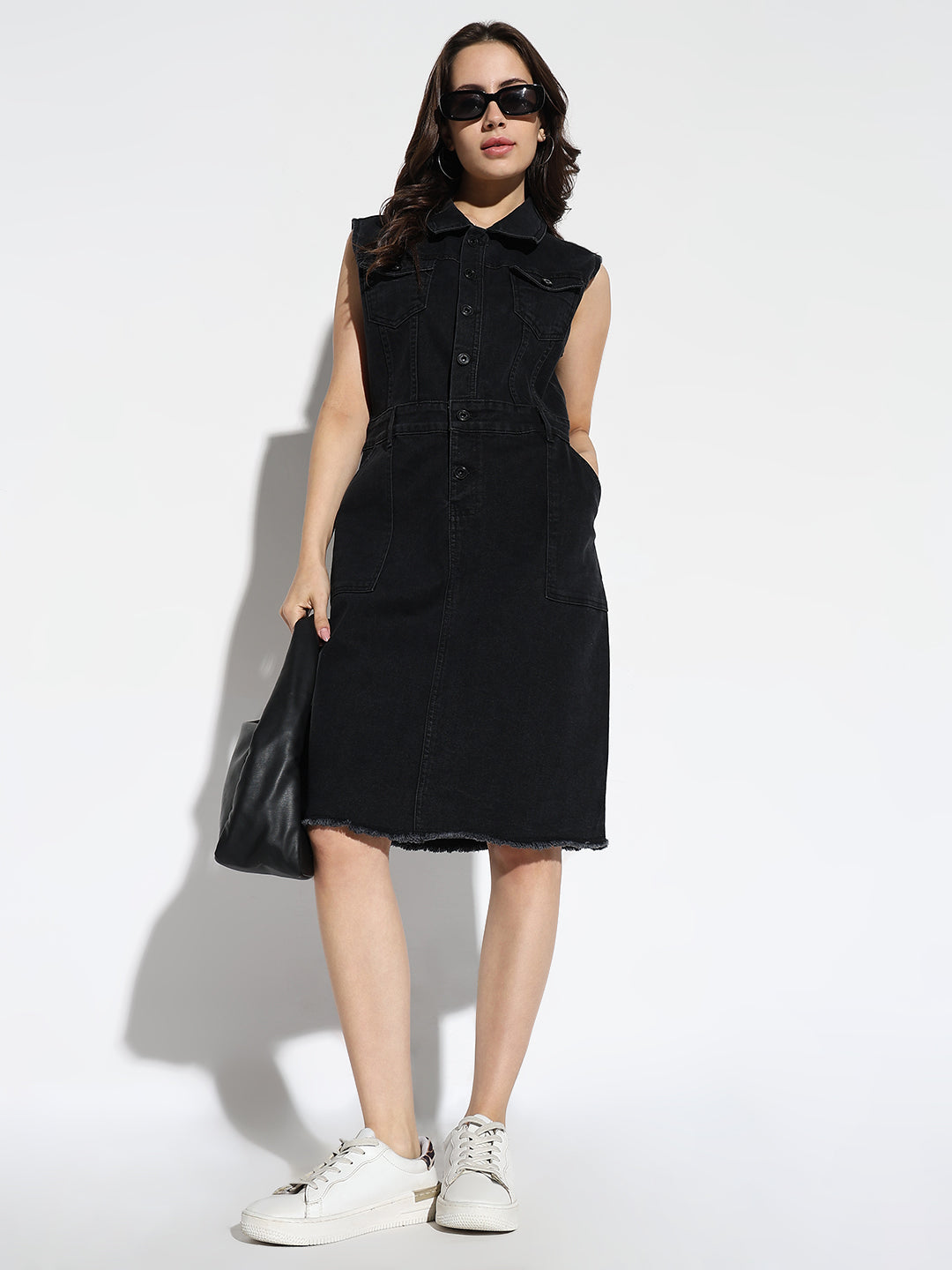 Women Solid Black A-Line Dress