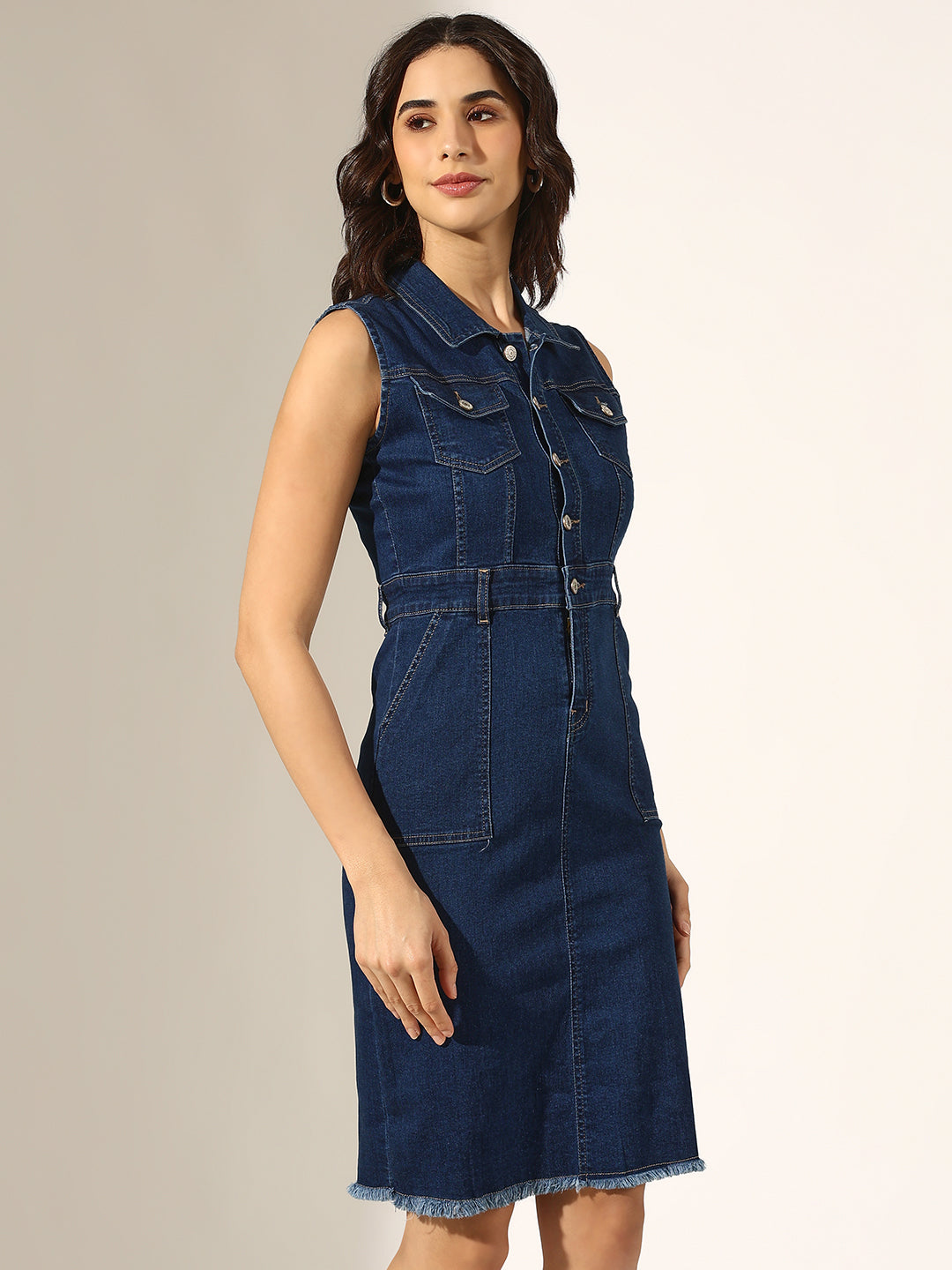 Women's Navy Blue Denim Sleeveless Button-Down Shirt Collar Dress