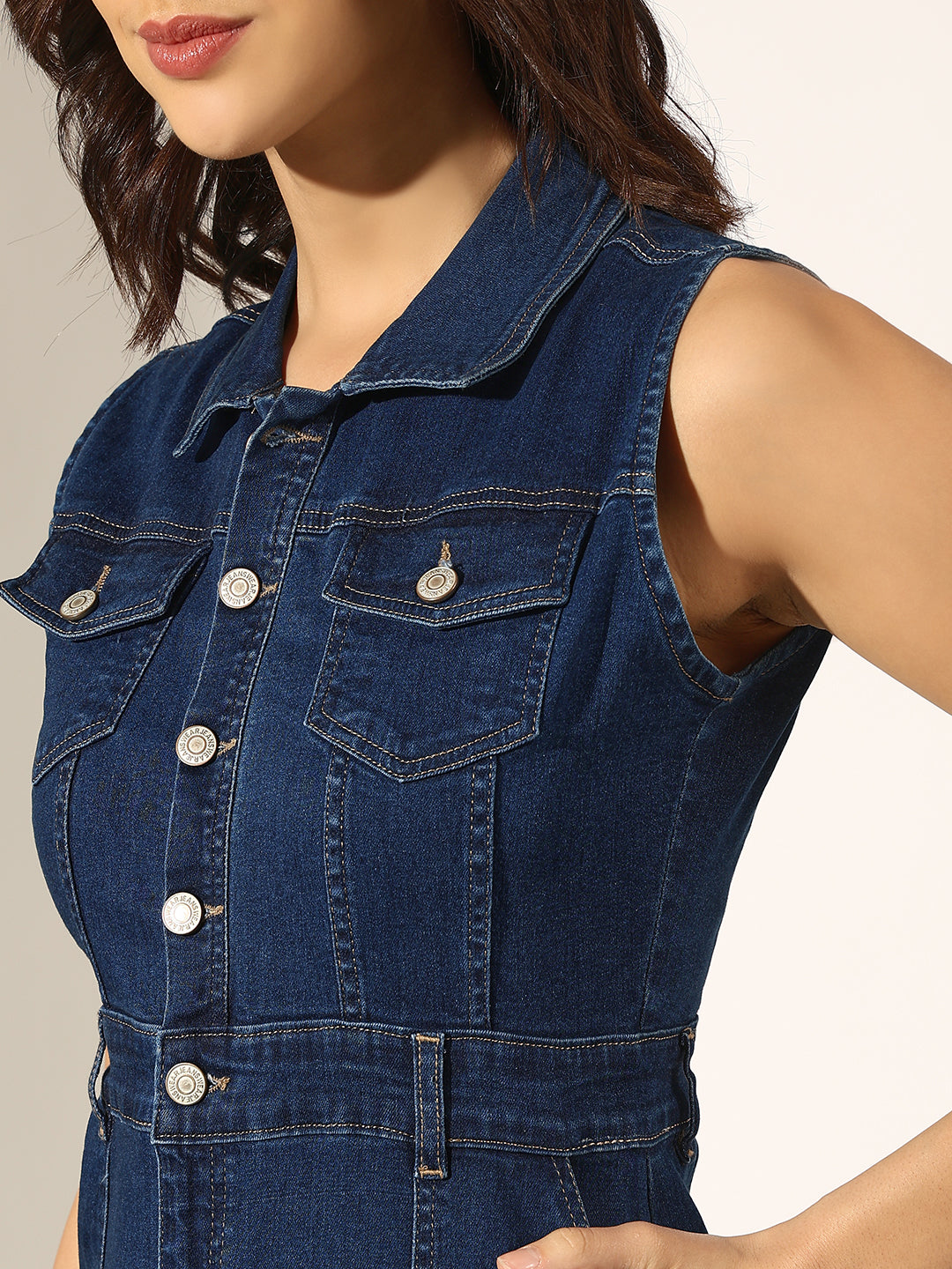 Women's Navy Blue Denim Sleeveless Button-Down Shirt Collar Dress