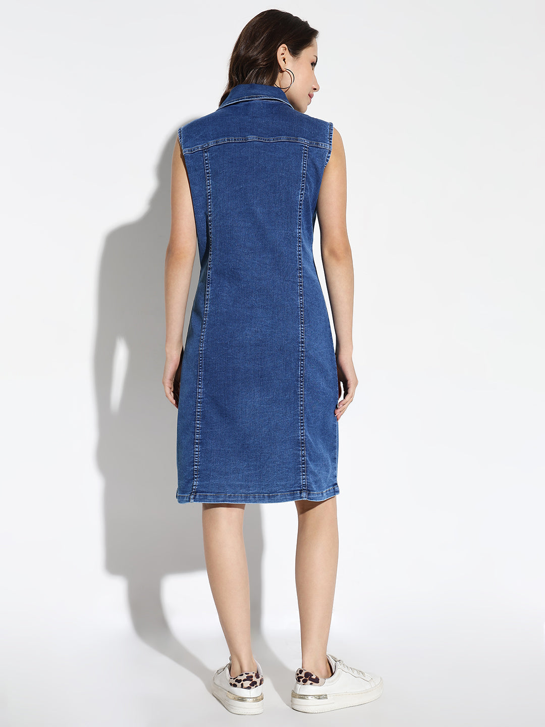 Women's Blue Denim A-Line Shirt Collar Cotton Dress