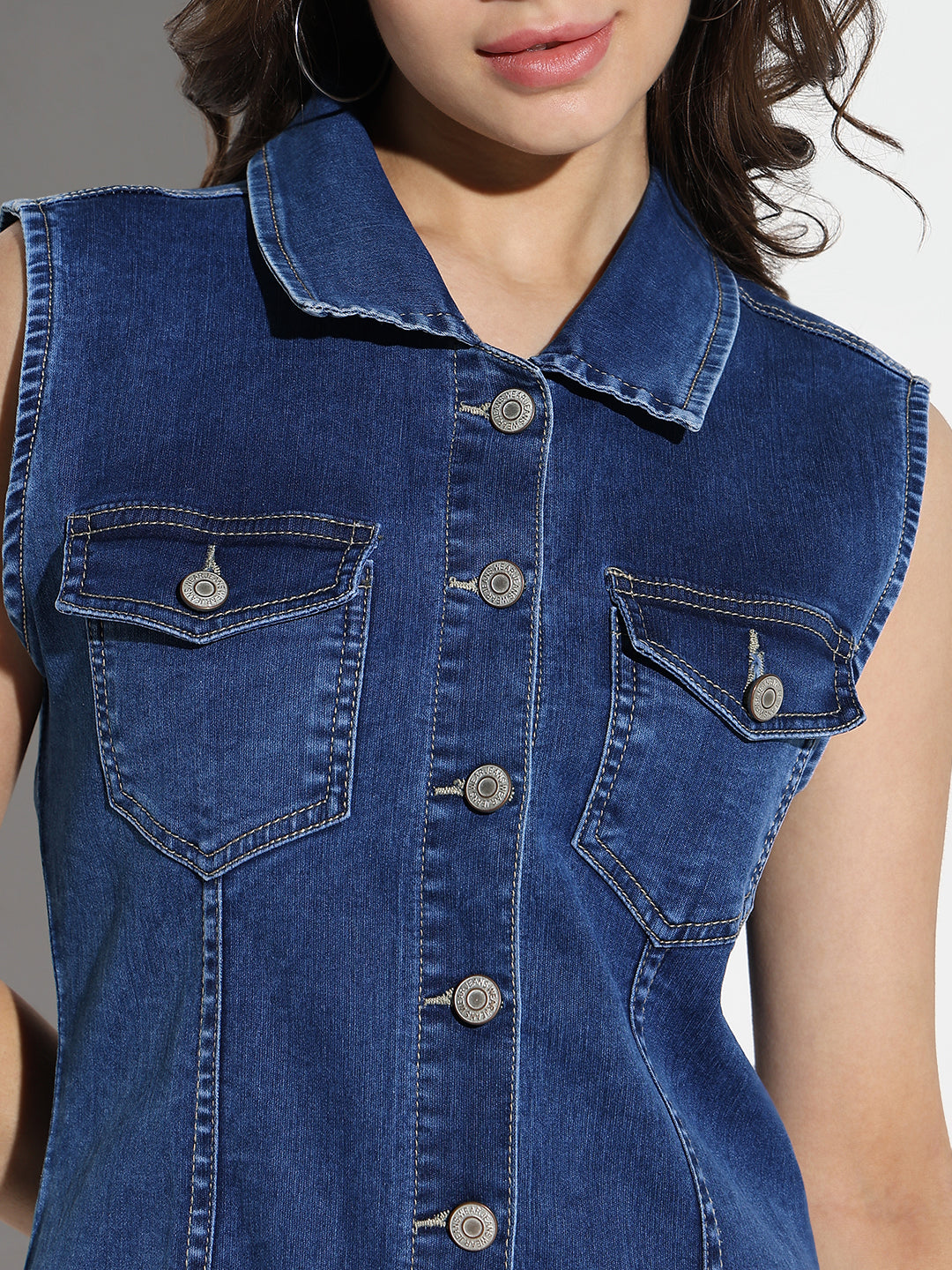 Women's Blue Denim A-Line Shirt Collar Cotton Dress