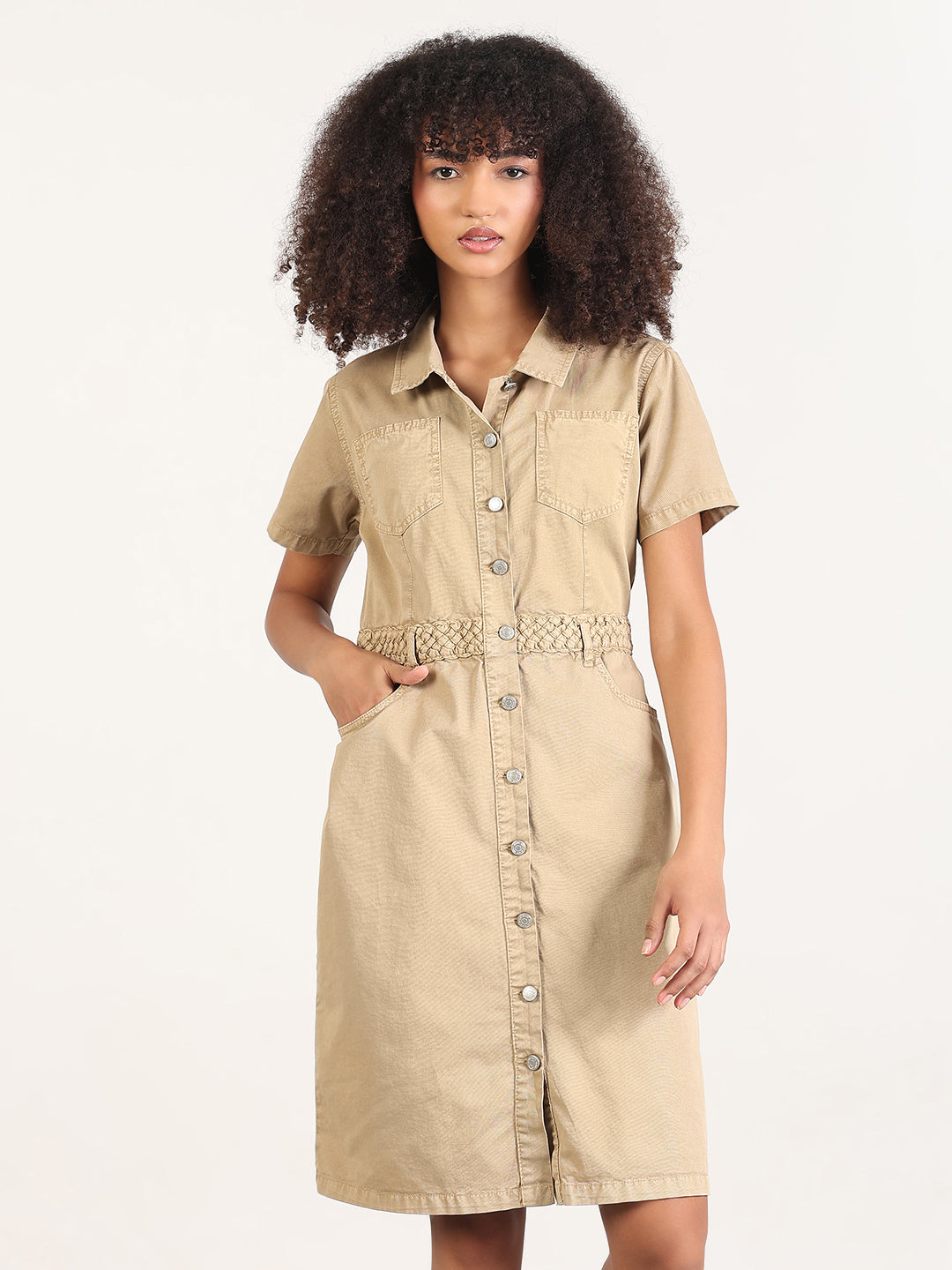 Beautiful Women's Solid Beige A-Line Knee Length Denim Dress