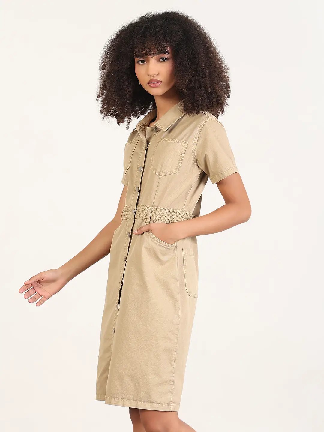 Shop Women's Solid Beige A-Line Knee Length Denim Dress| Showoffff Shop Women's Solid Beige A-Line Knee Length Denim Dress| Showoffff