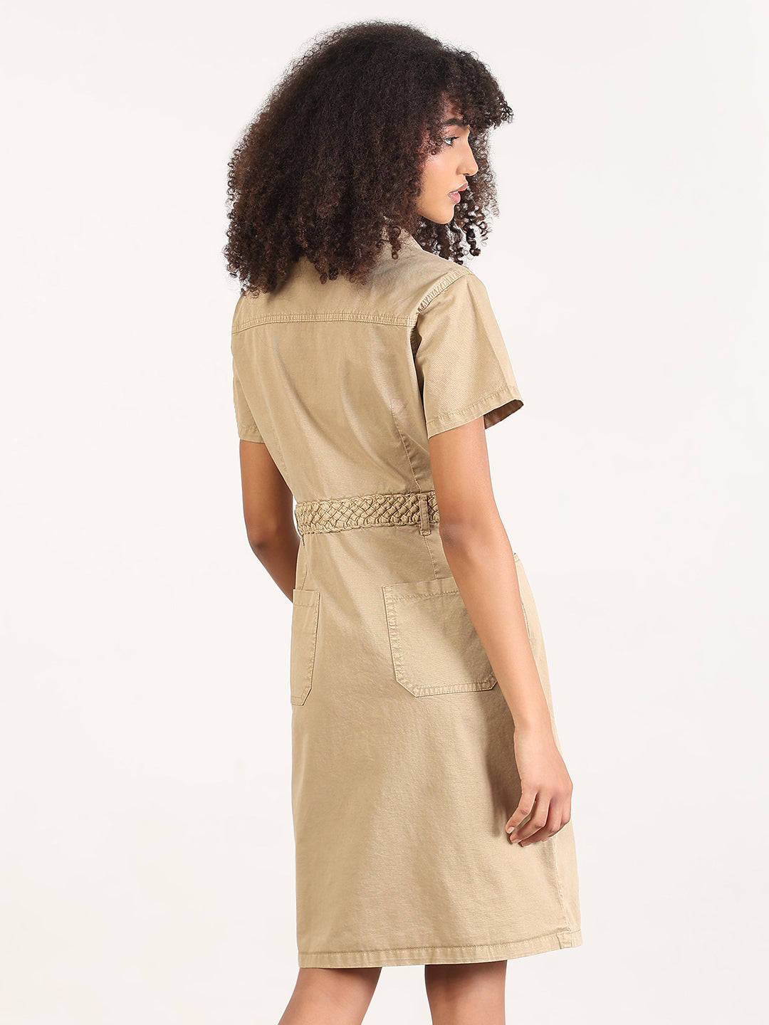 Women's Solid Beige A-Line Knee Length Denim Dress