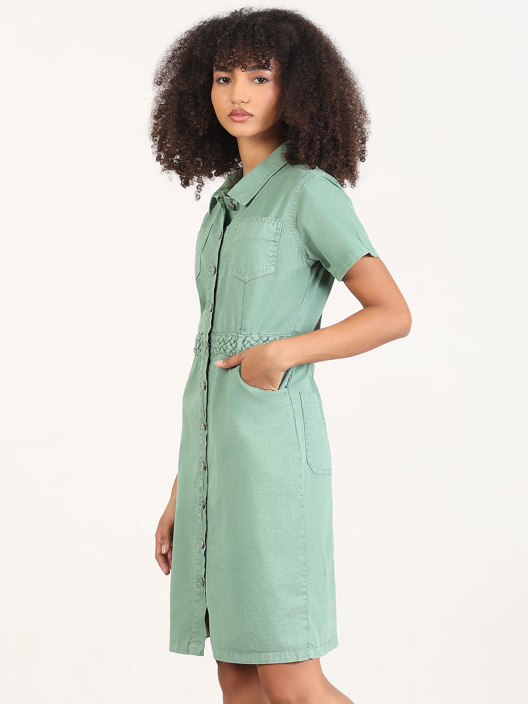 Women's Solid Green A-Line Knee Length Denim Dress
