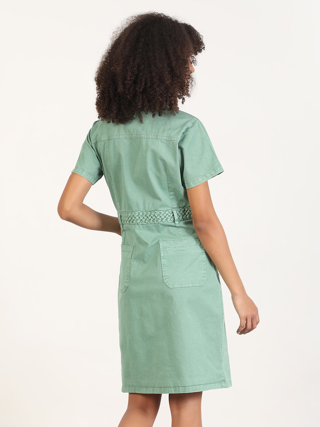 Women's Solid Green A-Line Knee Length Denim Dress