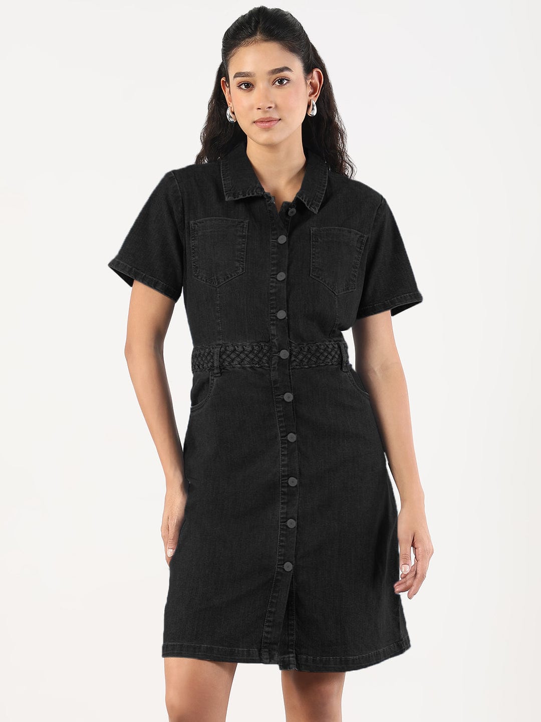 Women's Black Shirt Style Denim Dress with Pockets