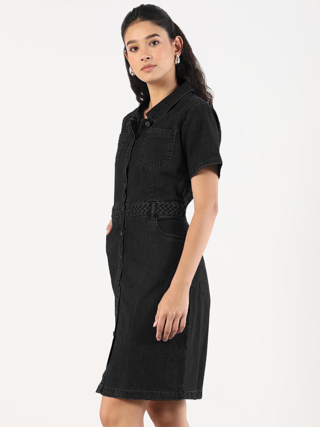 Women's Black Shirt Style Denim Dress with Pockets