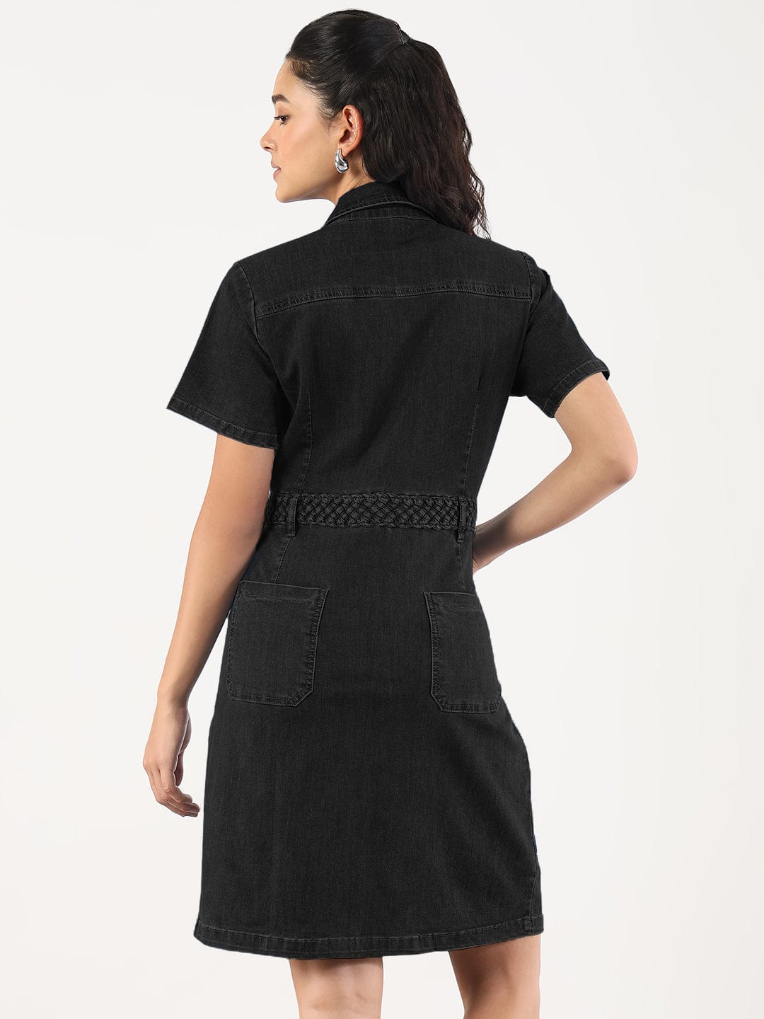 Women's Black Shirt Style Denim Dress with Pockets