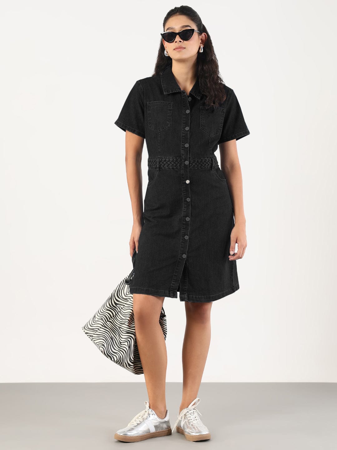 Women's Black Shirt Style Denim Dress with Pockets