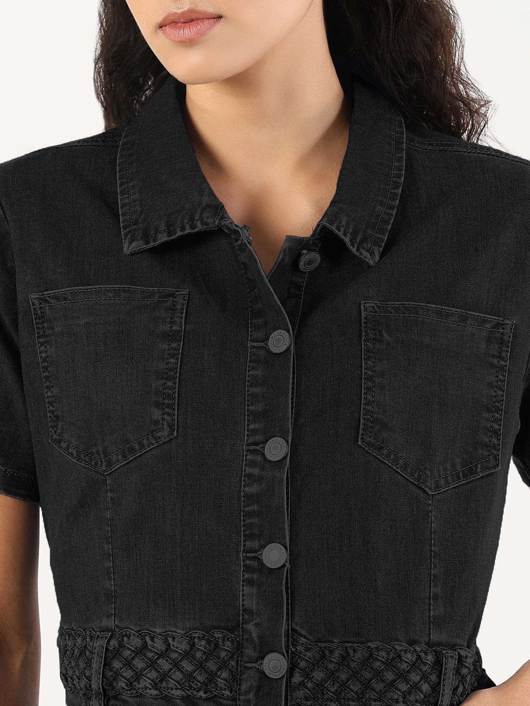 Women's Black Shirt Style Denim Dress with Pockets