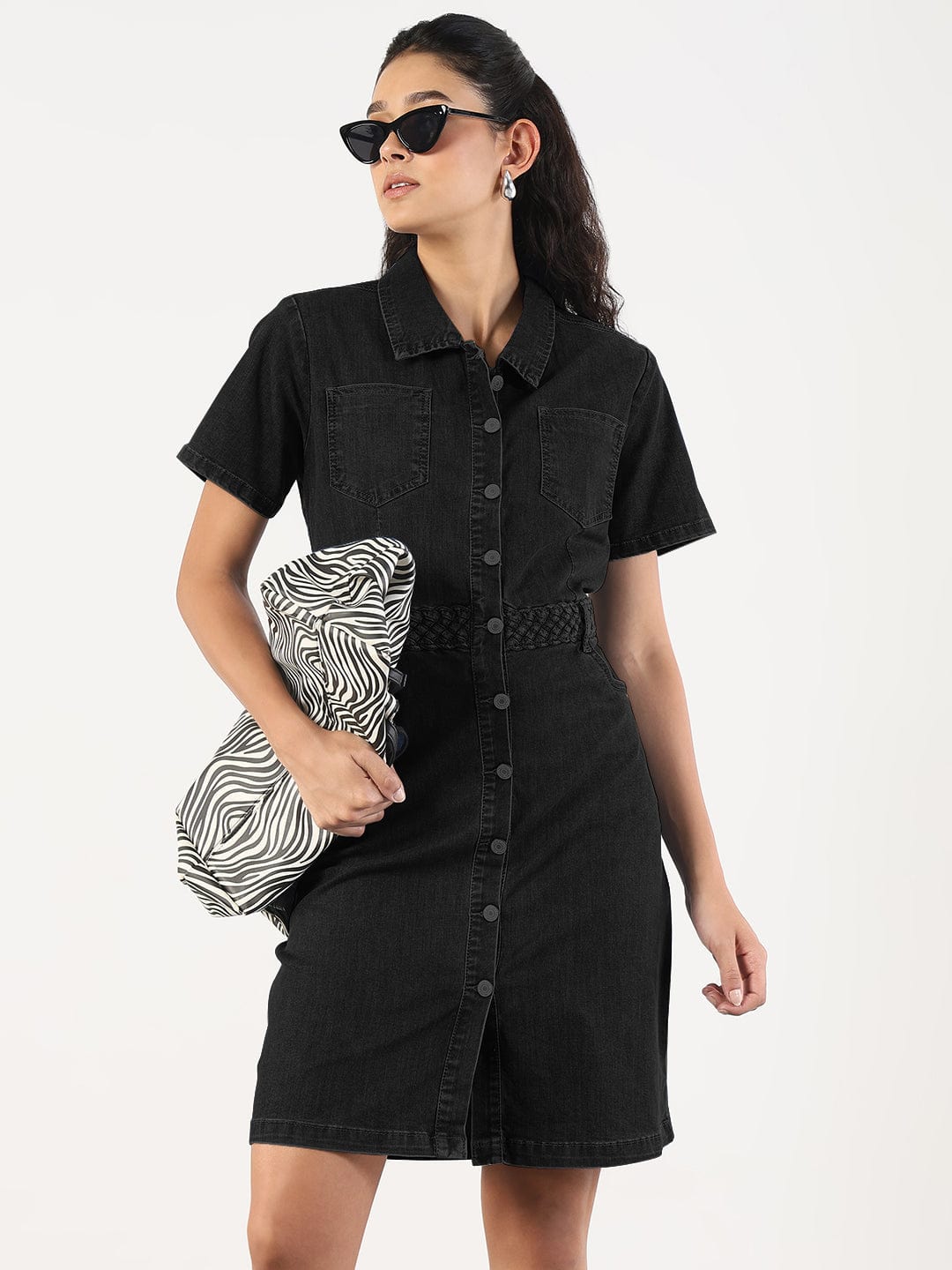 Women's Black Shirt Style Denim Dress with Pockets