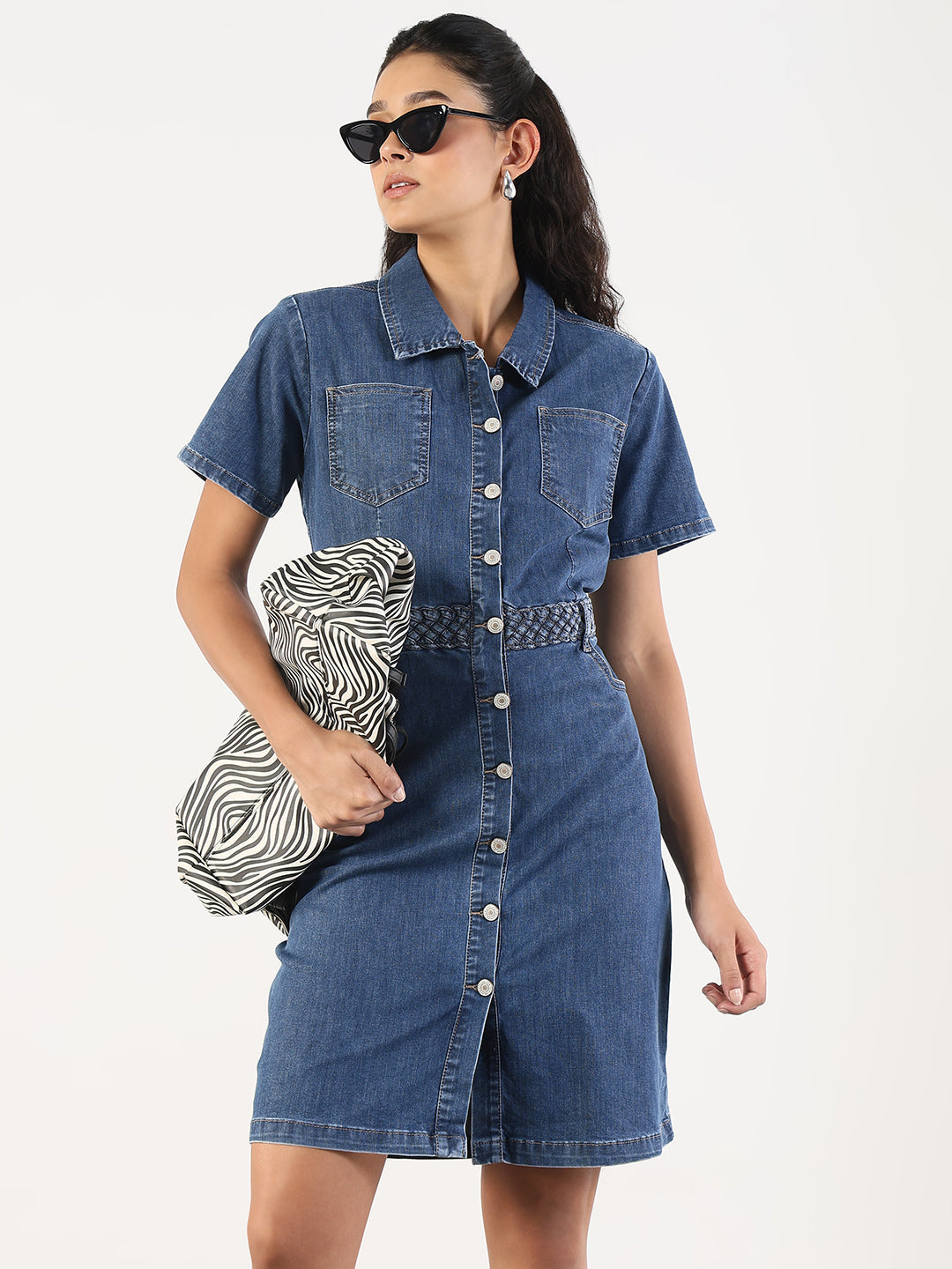 Women Solid Blue Denim A-Line Above Knee Dress