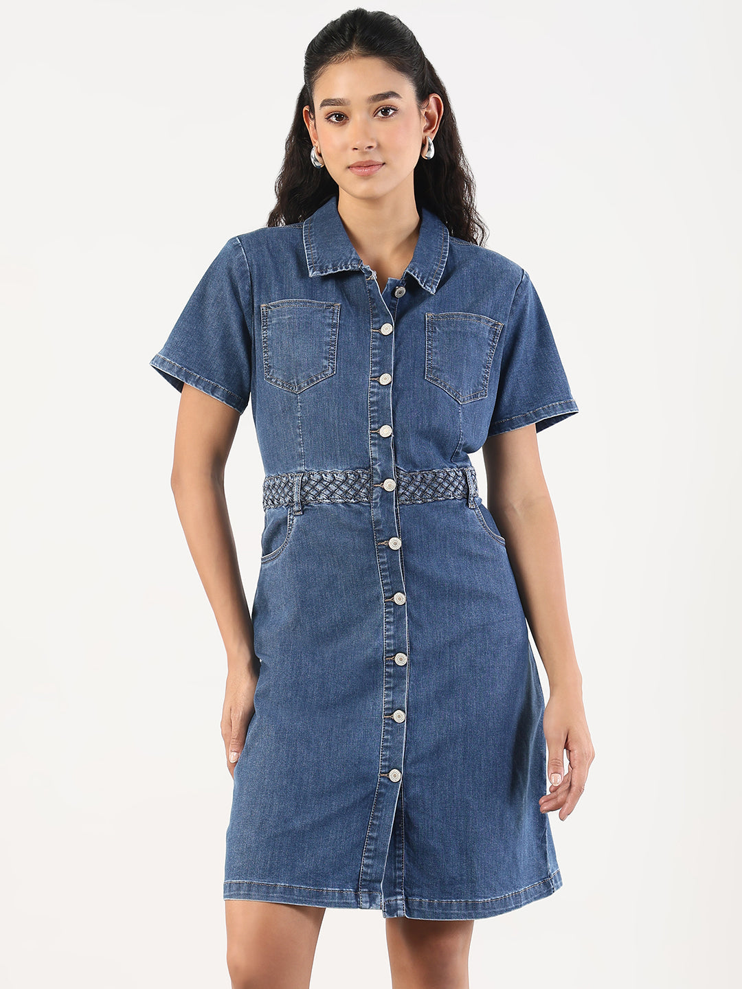 Women Solid Blue Denim A-Line Above Knee Dress