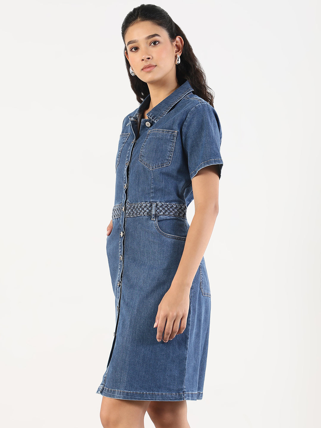 Women Solid Blue Denim A-Line Above Knee Dress