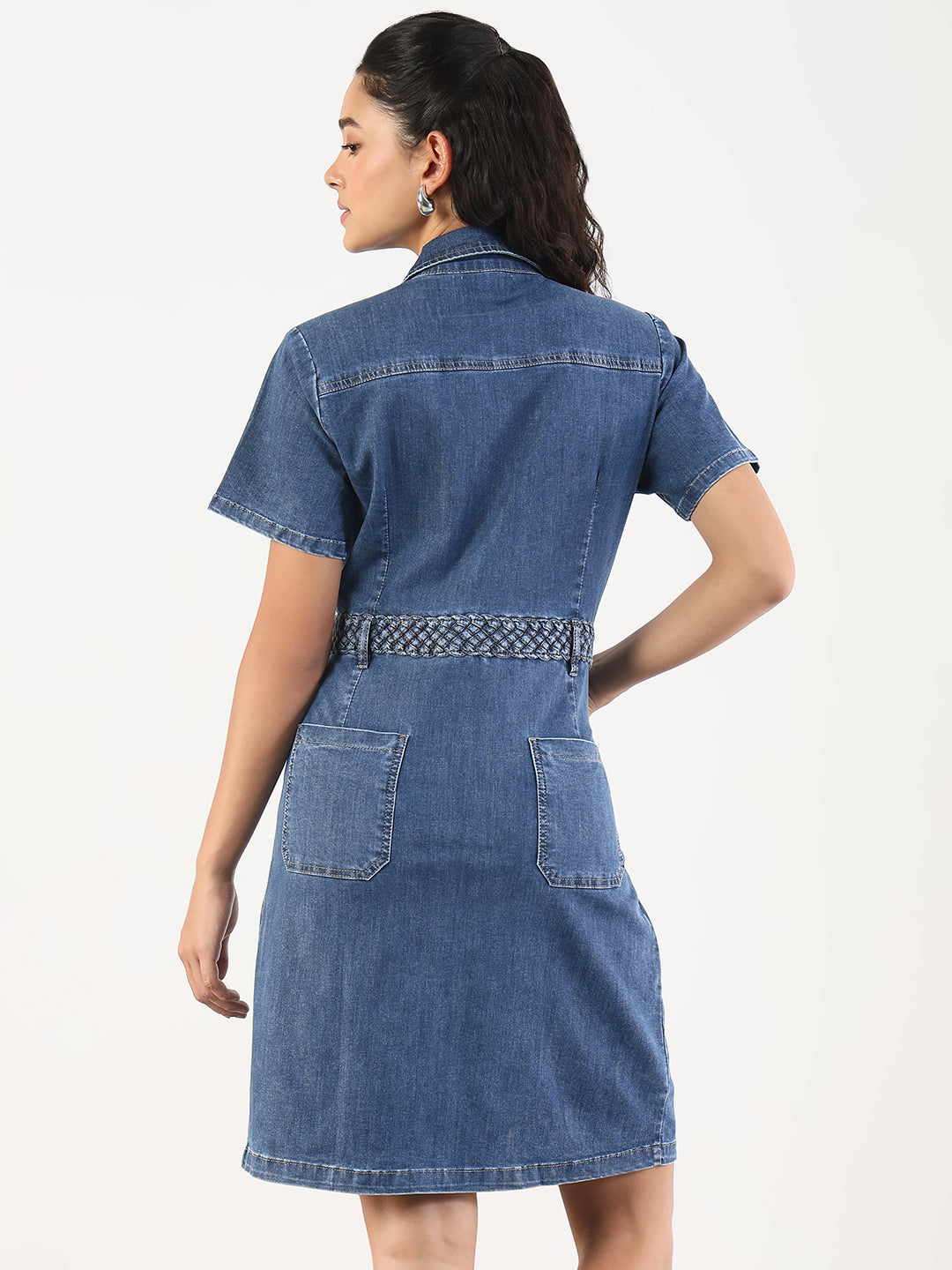 Women Solid Blue Denim A-Line Above Knee Dress