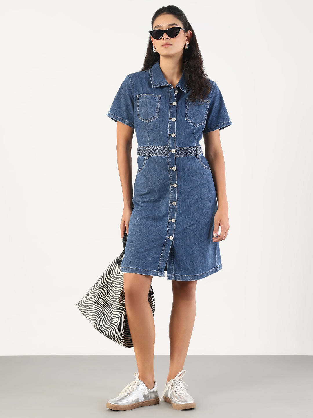 Women Solid Blue Denim A-Line Above Knee Dress