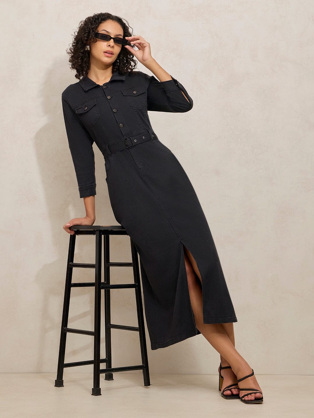 Women's Black Denim Midi Dress with Belt and Front Slit