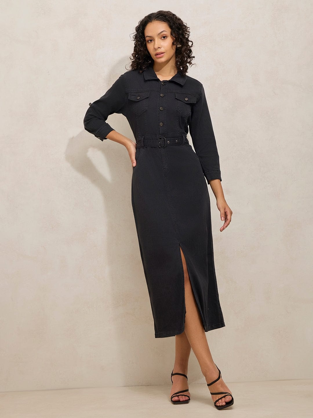 Women's Black Denim Midi Dress with Belt and Front Slit