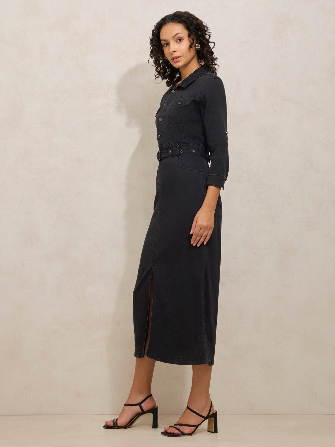 Women's Black Denim Midi Dress with Belt and Front Slit
