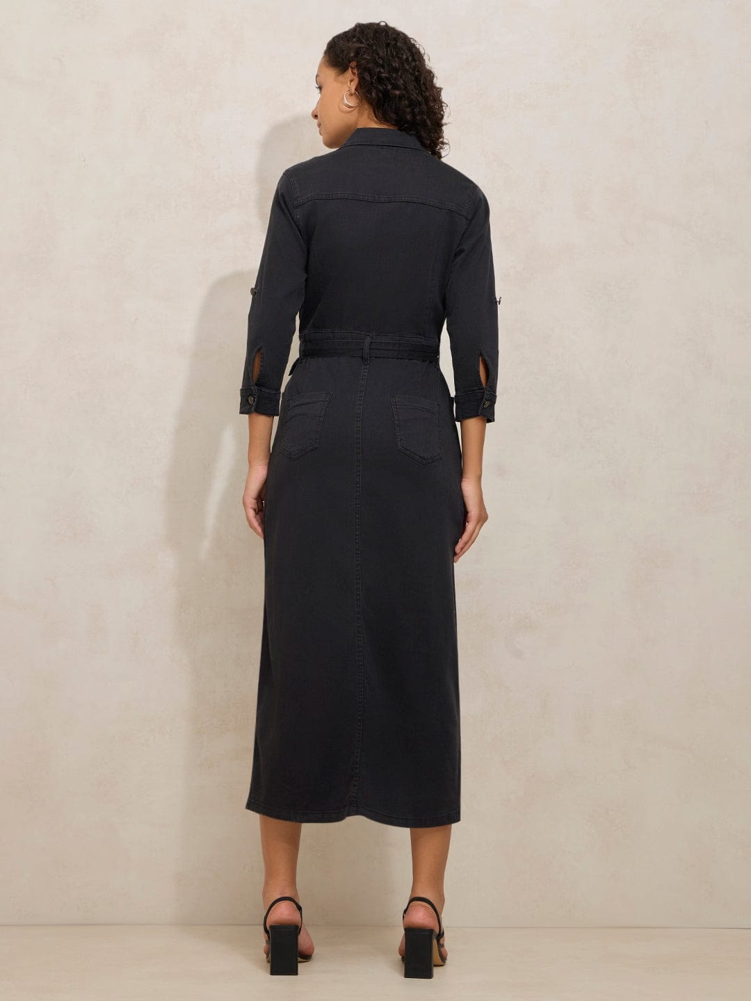 Women's Black Denim Midi Dress with Belt and Front Slit