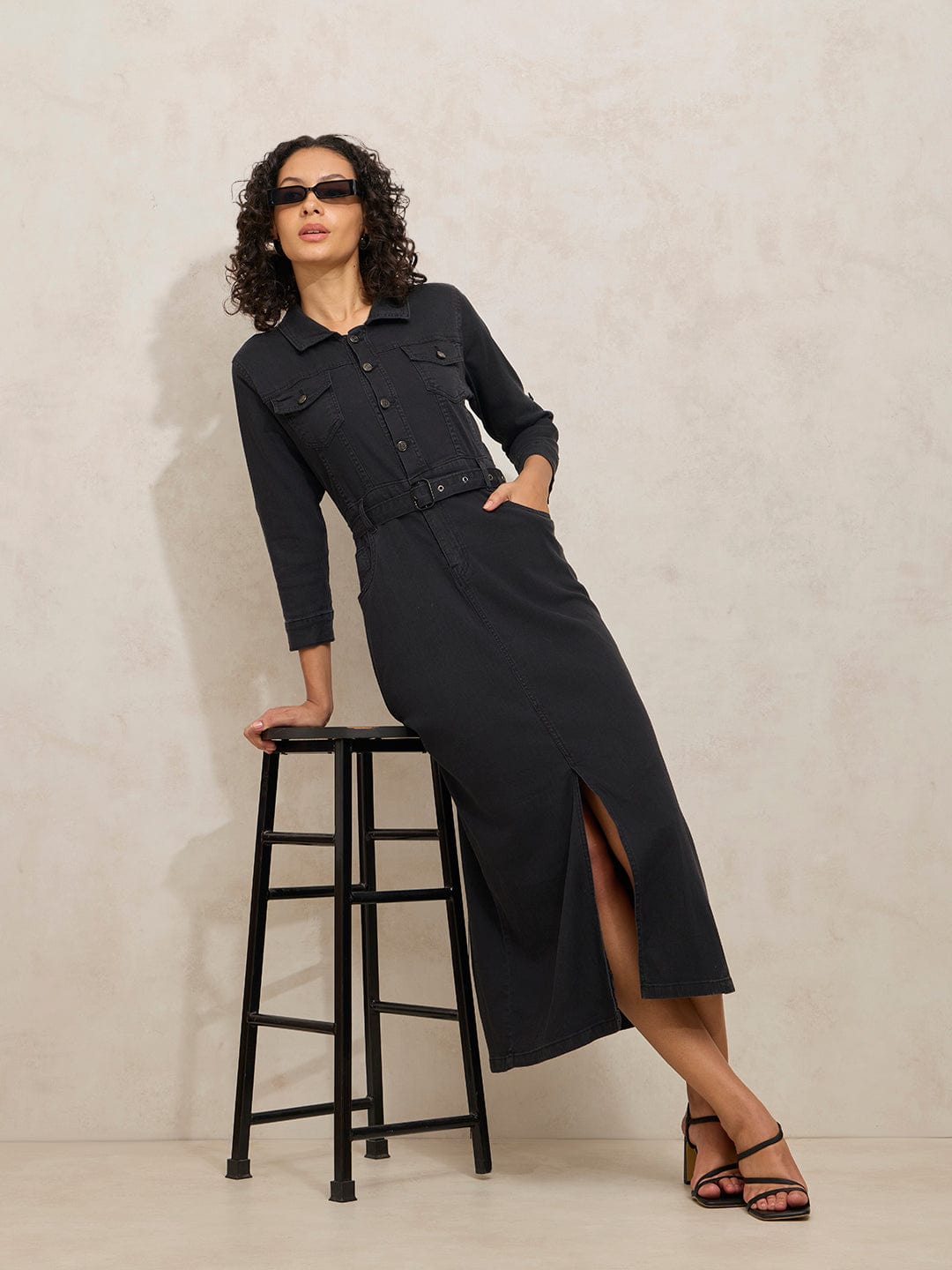 Women's Black Denim Midi Dress with Belt and Front Slit