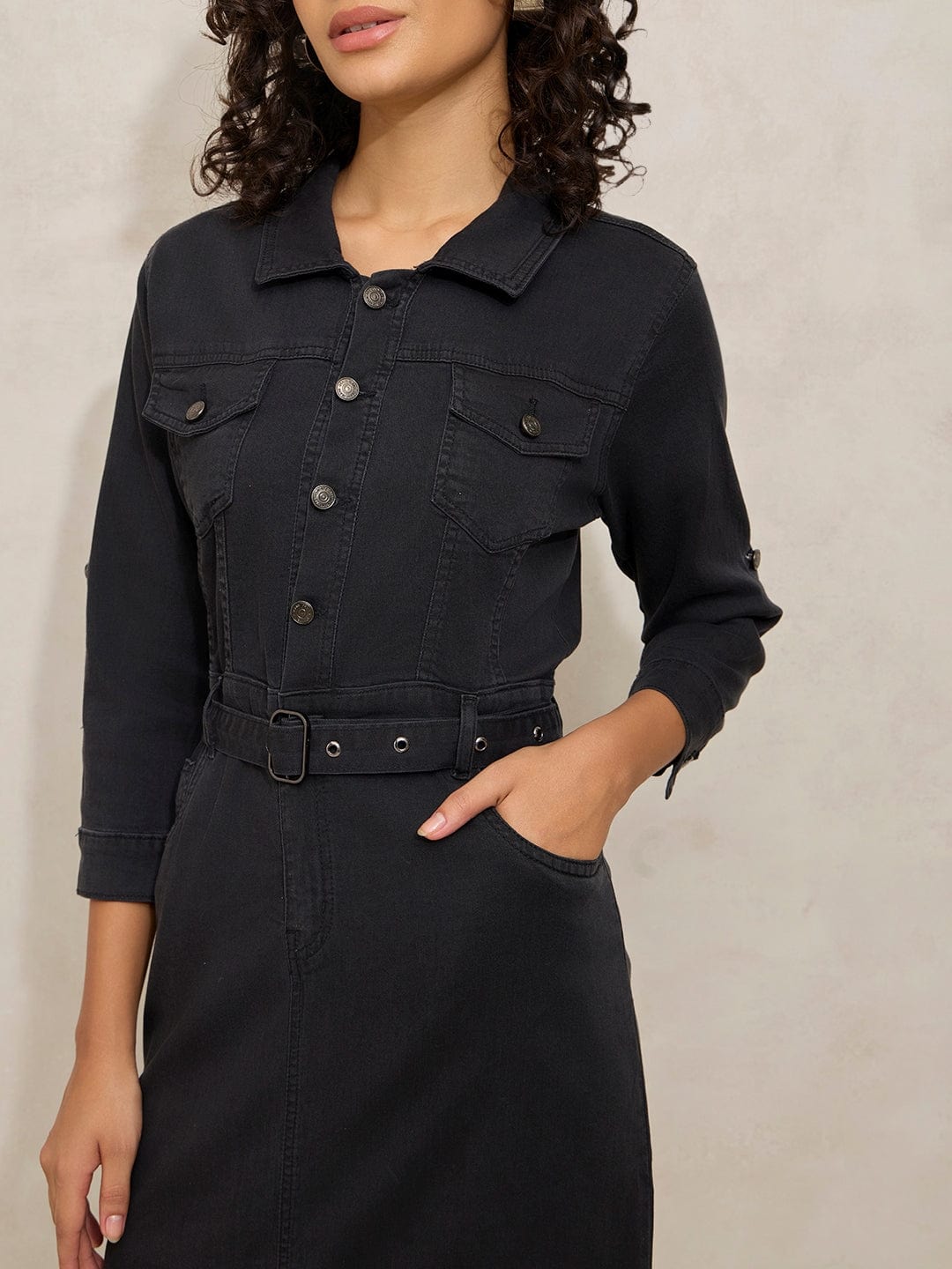 Women's Black Denim Midi Dress with Belt and Front Slit