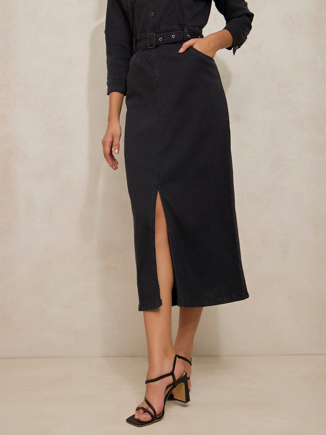 Women's Black Denim Midi Dress with Belt and Front Slit