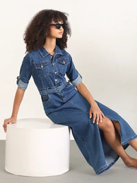 Women's Solid Blue Shirt Midi Denim Dress