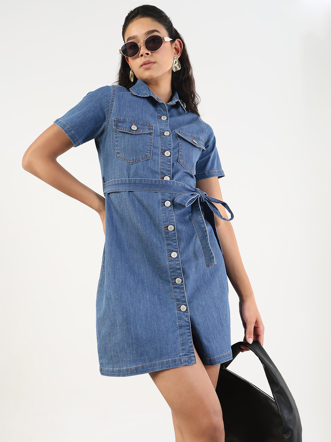 Women Solid Blue Denim A-Line Dress with Fabric Belt